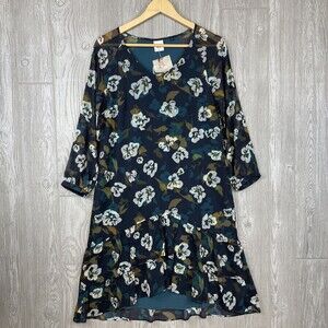 CABI Blue Pirouette Floral Chiffon Ruffle Long Sleeve Dress Womens Sz Small NEW‎